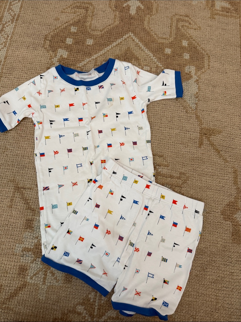 Unbranded White Kids Pajama Set with Colorful Flag Print and Blue Trim LAKE
